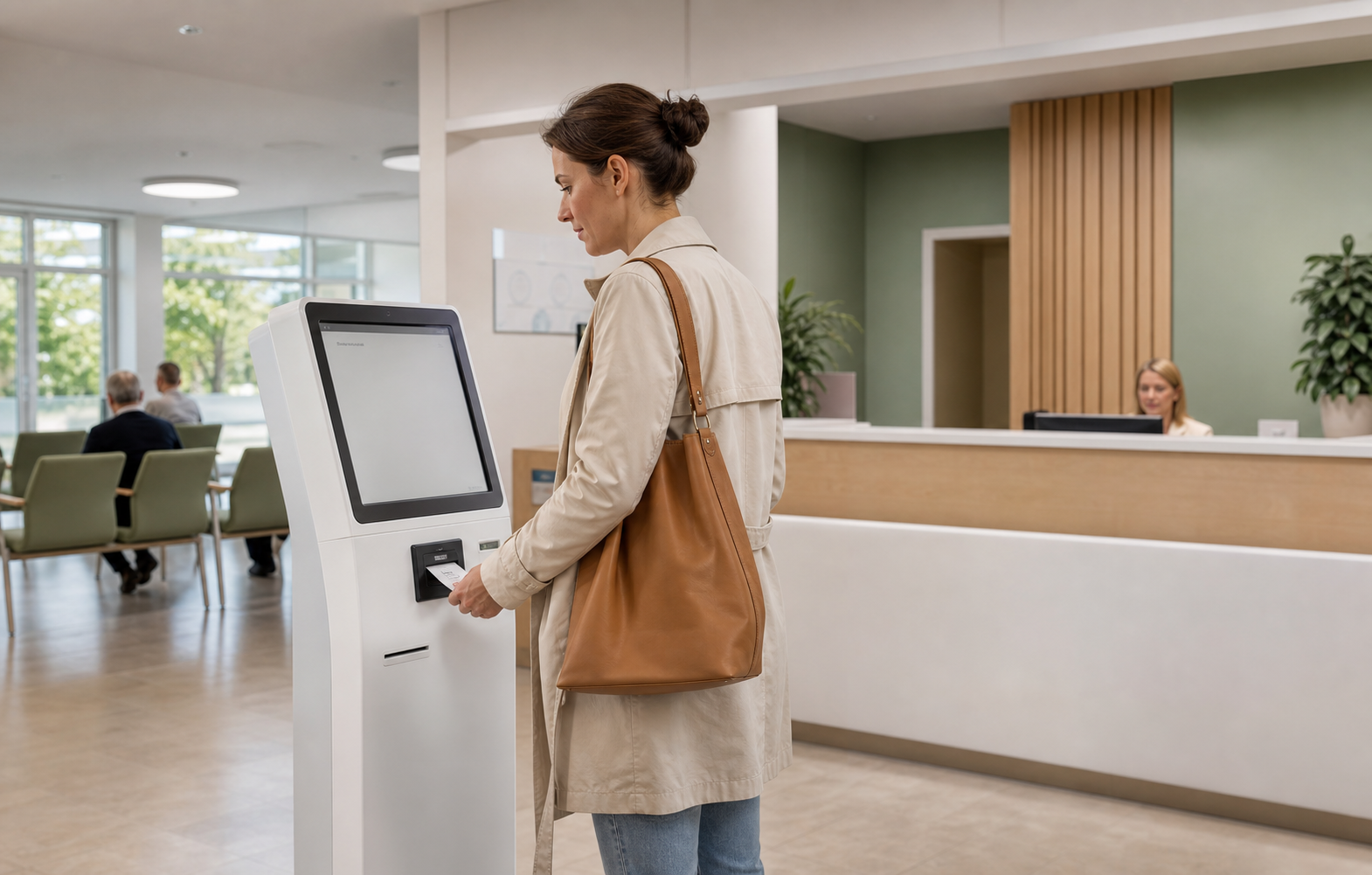 Pacjentka odbiera numer kolejki z fizycznego kiosku w poradni