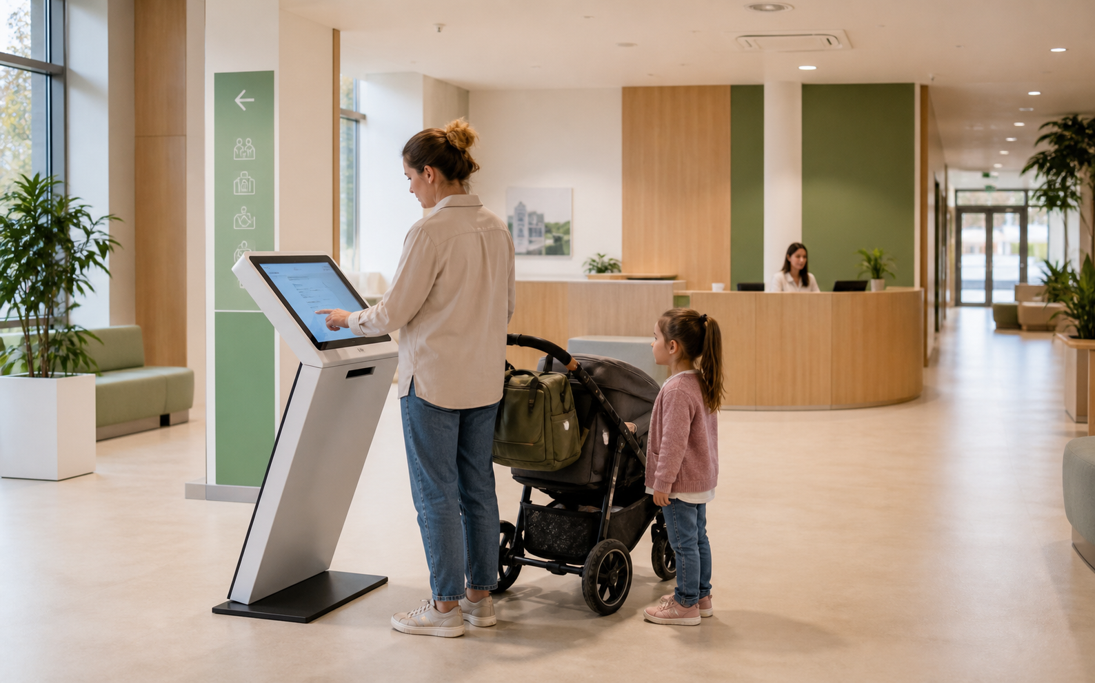 Rodzic z wózkiem i dzieckiem korzysta z dostępnego kiosku w centrum usług publicznych